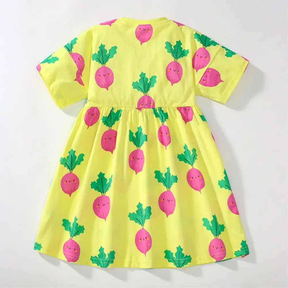 Girls' Yellow Short - Sleeve Dress - with Adorable Pink Radish Print - Suitable for Ages 2 - 7
