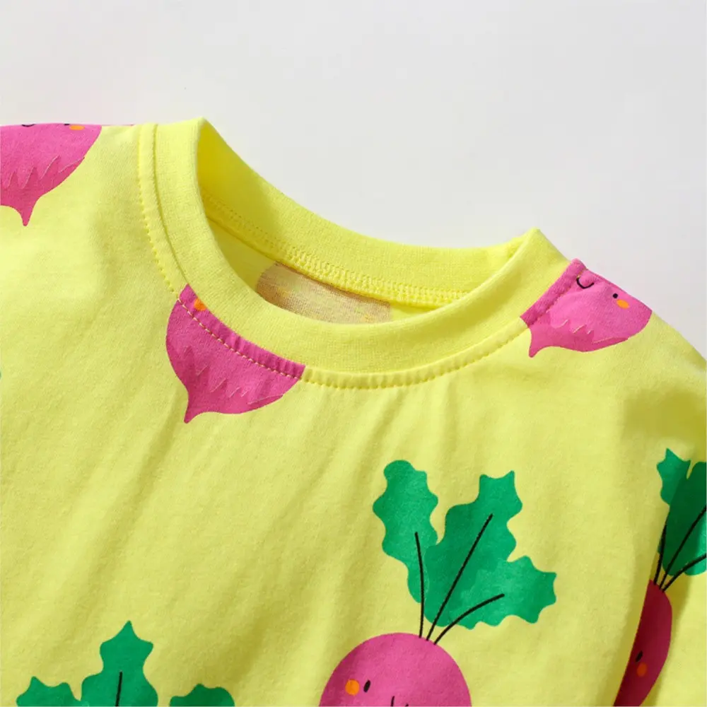 Girls' Yellow Short - Sleeve Dress - with Adorable Pink Radish Print - Suitable for Ages 2 - 7