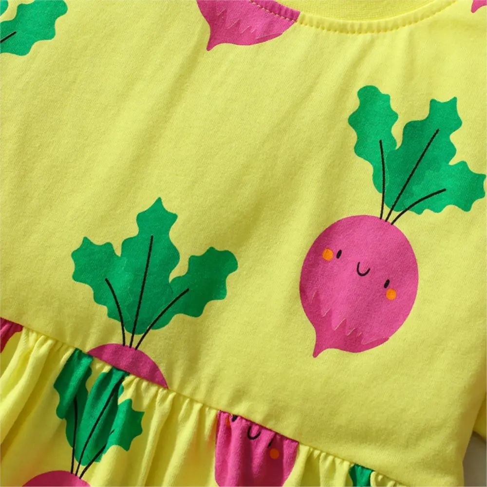 Girls' Yellow Short - Sleeve Dress - with Adorable Pink Radish Print - Suitable for Ages 2 - 7