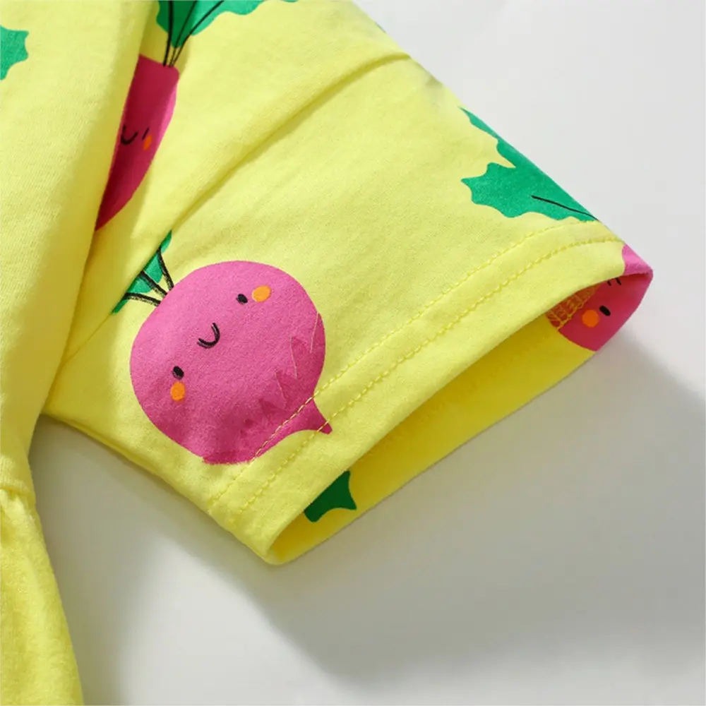 Girls' Yellow Short - Sleeve Dress - with Adorable Pink Radish Print - Suitable for Ages 2 - 7