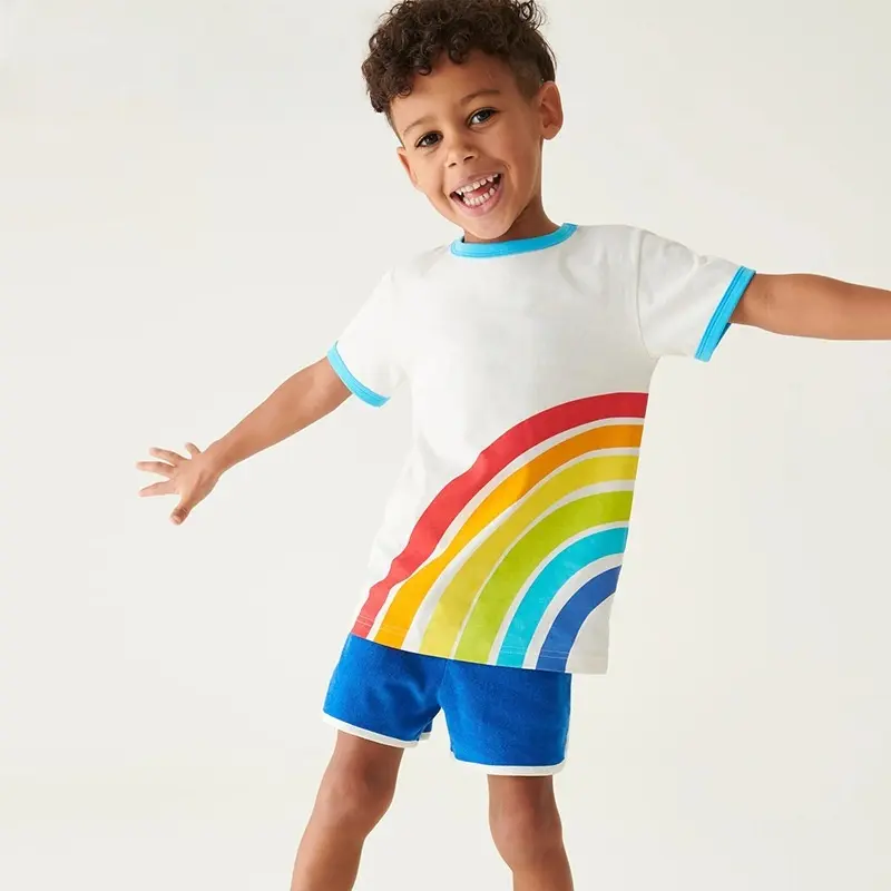 Kids' Short Sleeve T - shirt White with Turquoise Trim and Rainbow Print Boys Girls Suitable for Ages 2-7y