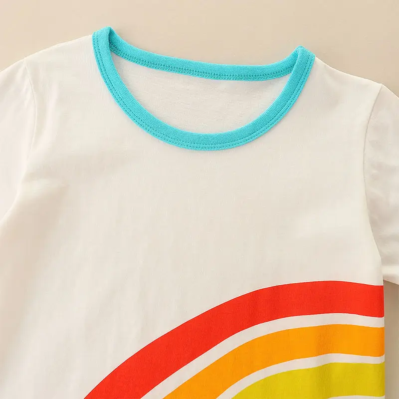 Kids' Short Sleeve T - shirt White with Turquoise Trim and Rainbow Print Boys Girls Suitable for Ages 2-7y