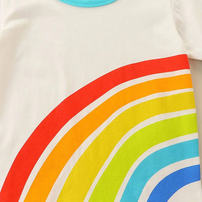 Kids' Short Sleeve T - shirt White with Turquoise Trim and Rainbow Print Boys Girls Suitable for Ages 2-7y