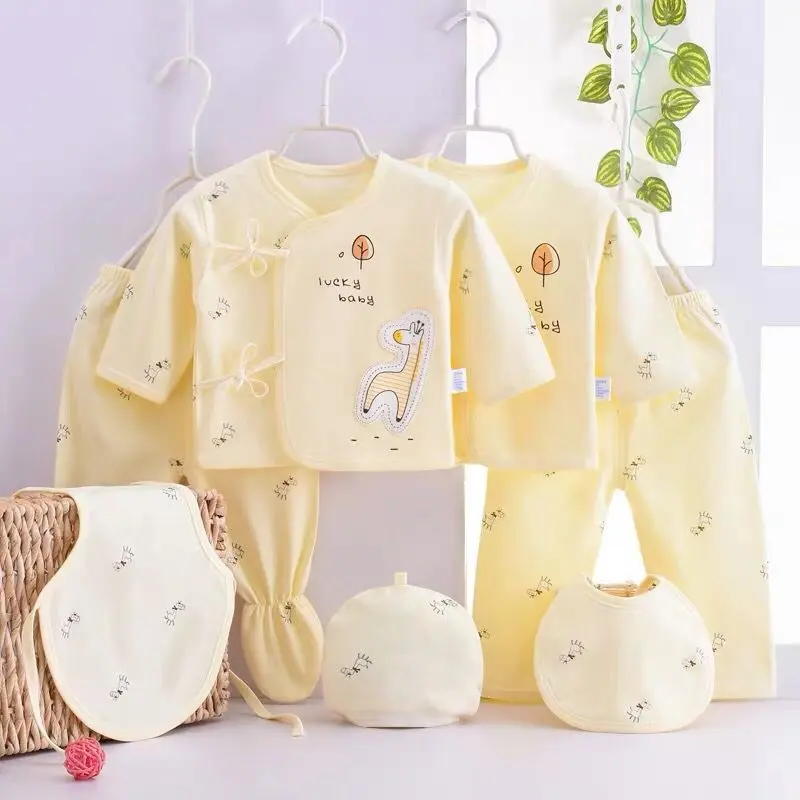 7Piece Spring Newborn Baby Stuff Toddler Clothes Cartoon Cute Cotton T-shirt+Pants+Hats Infant Boys Girls Clothing Set