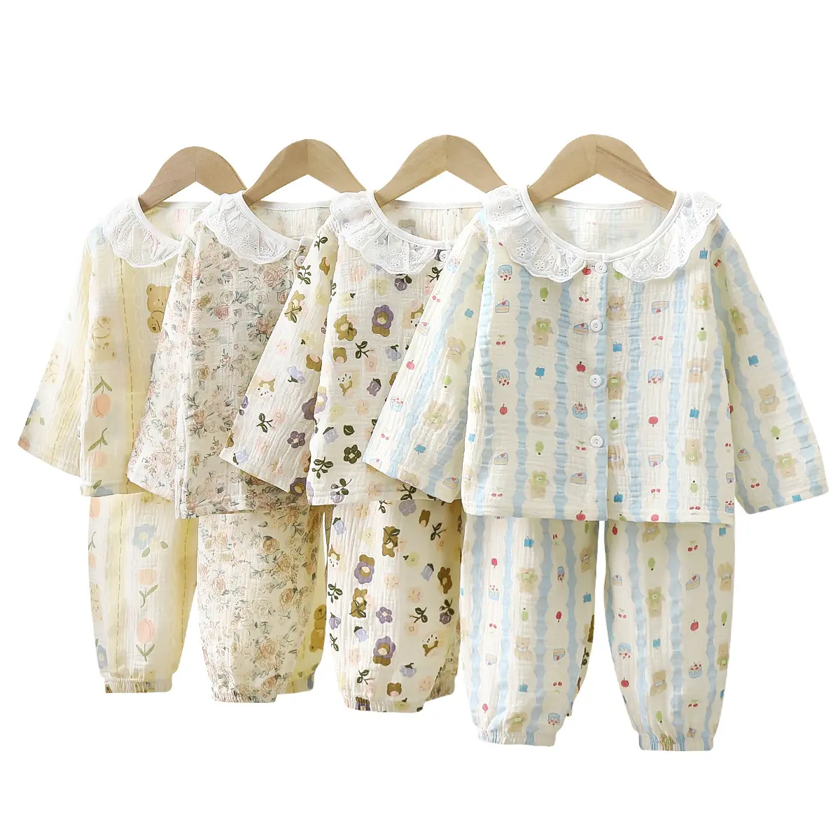 2Pcs Kids Floral Print Pajama Set Adorable Cat Motifs, Lace Trimmed Collar, Soft & Breathable Adorable Toddler Girl Sleepwear