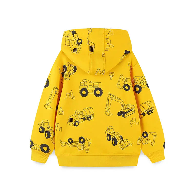 Boys' Yellow Construction Vehicle Themed Jacket Hoodie Zippered Design, Soft Fabric Ideal for Outdoor