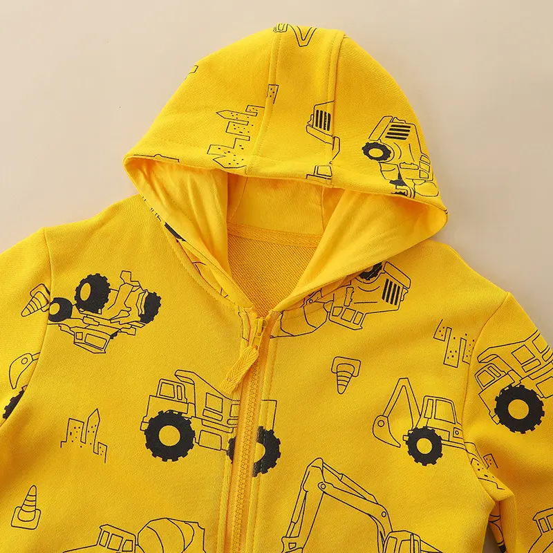 Boys' Yellow Construction Vehicle Themed Jacket Hoodie Zippered Design, Soft Fabric Ideal for Outdoor