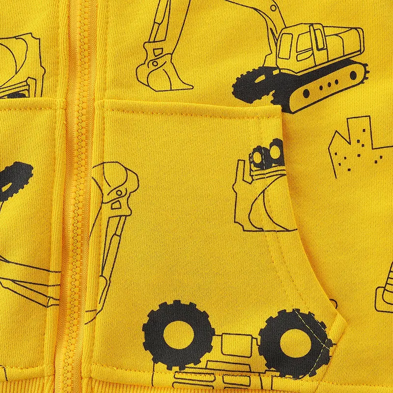 Boys' Yellow Construction Vehicle Themed Jacket Hoodie Zippered Design, Soft Fabric Ideal for Outdoor