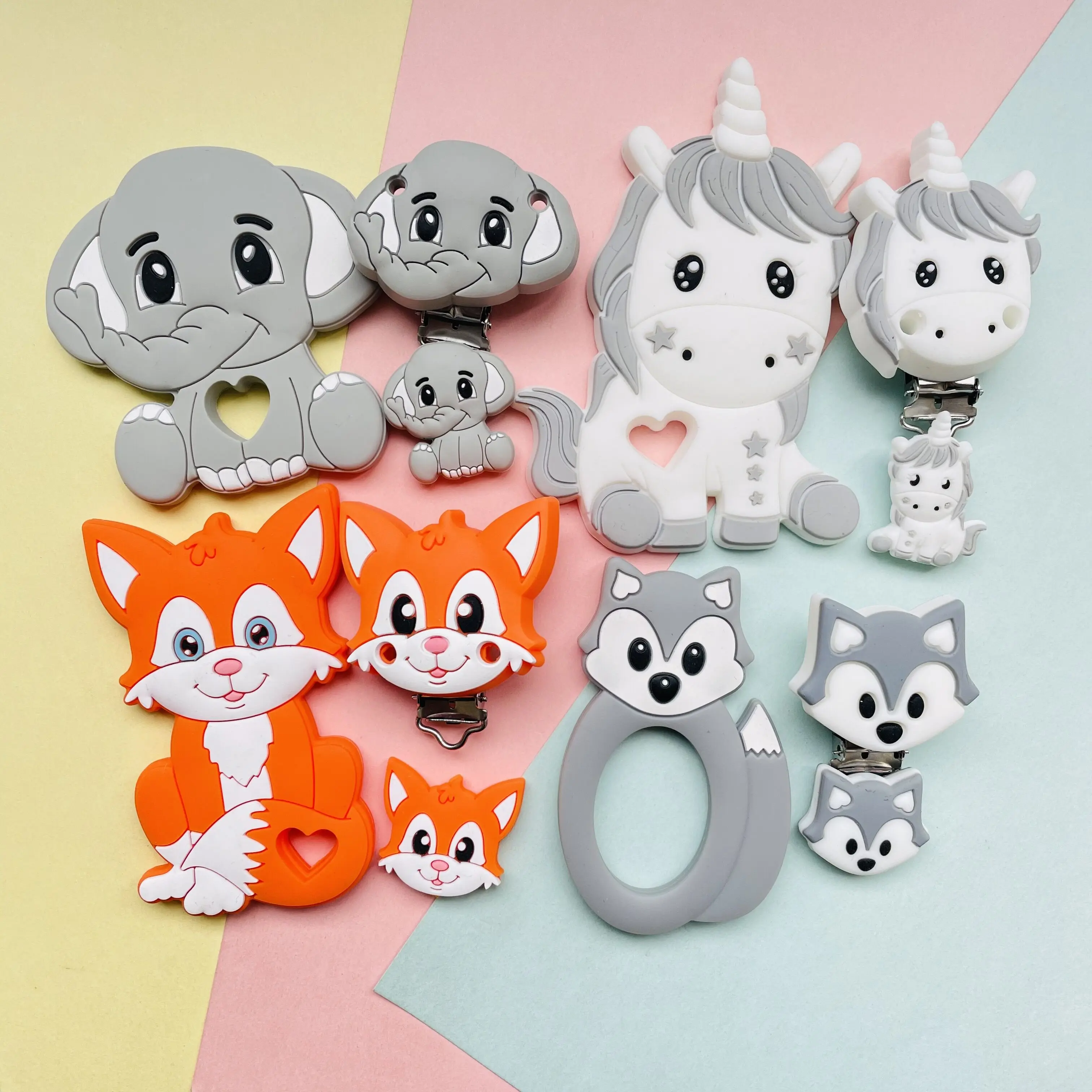 3pcs/set Silicone Cartoon Animal Figure Teether Beads and Clips Baby Teether Pacifier Chain Accessories Teething Jewelry Toys