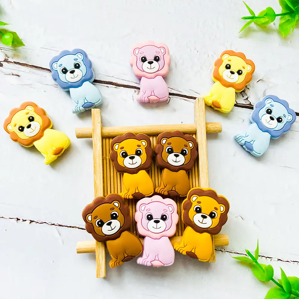 10pcs Silicone Teether Beads Lion Baby Toy DIY Pacifier Chain Necklaces Pendant Bite Chew Bite Rodent Teething Kids Toys