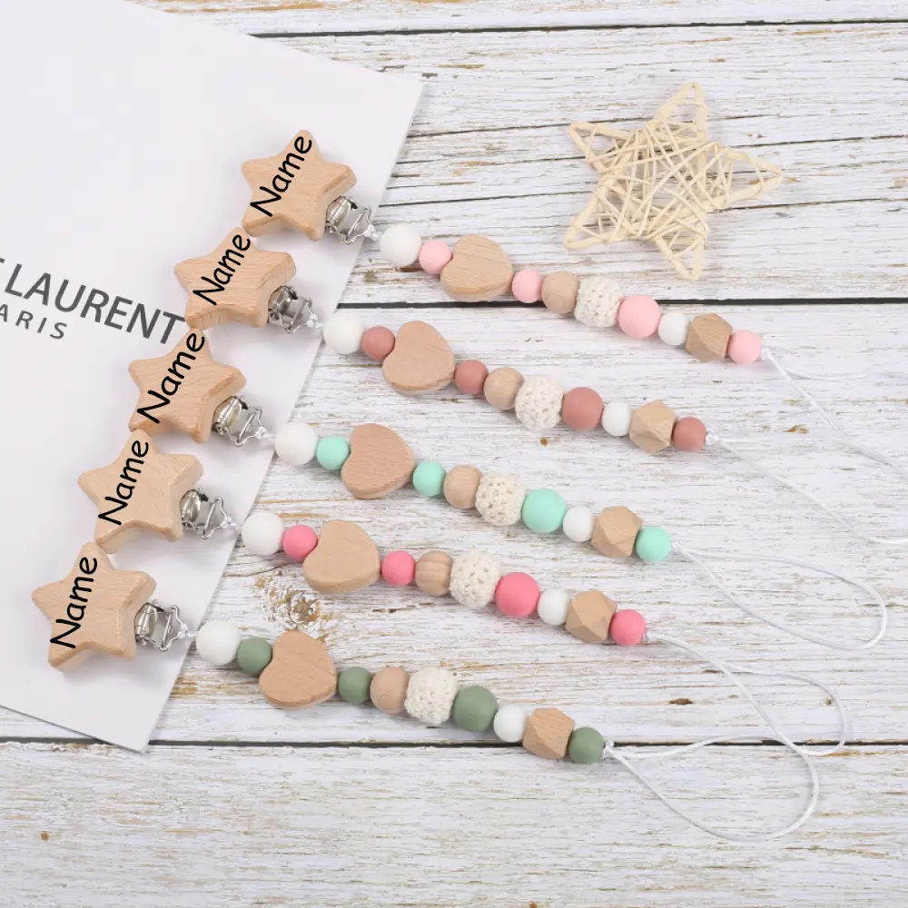 Customized Name Wooden Personalized Baby Pacifier Chain Silicone Beads Dummy Nipple Holder Guard Teether Pendant Baby Gift Stuff