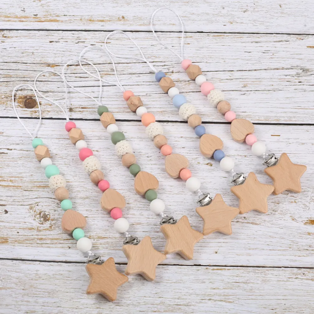 Customized Name Wooden Personalized Baby Pacifier Chain Silicone Beads Dummy Nipple Holder Guard Teether Pendant Baby Gift Stuff