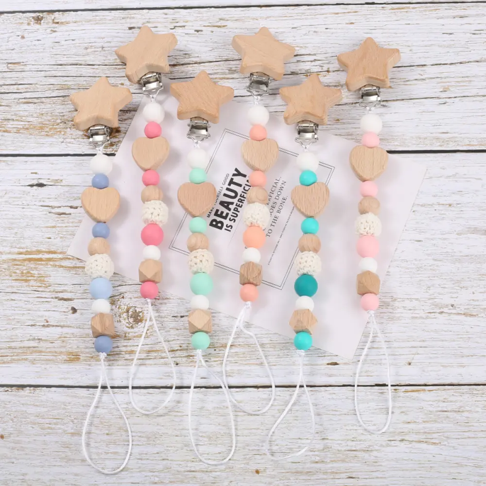 Customized Name Wooden Personalized Baby Pacifier Chain Silicone Beads Dummy Nipple Holder Guard Teether Pendant Baby Gift Stuff