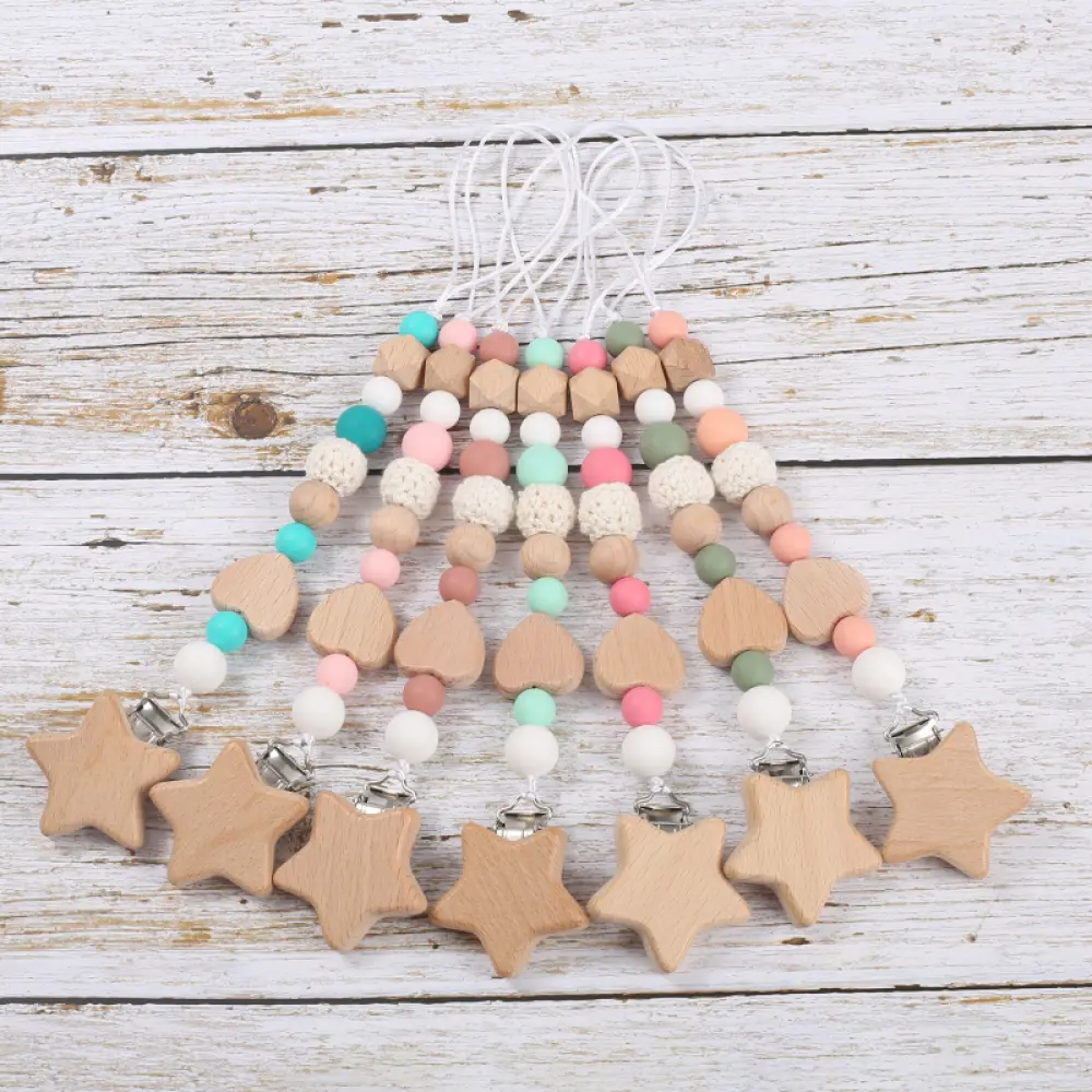 Customized Name Wooden Personalized Baby Pacifier Chain Silicone Beads Dummy Nipple Holder Guard Teether Pendant Baby Gift Stuff