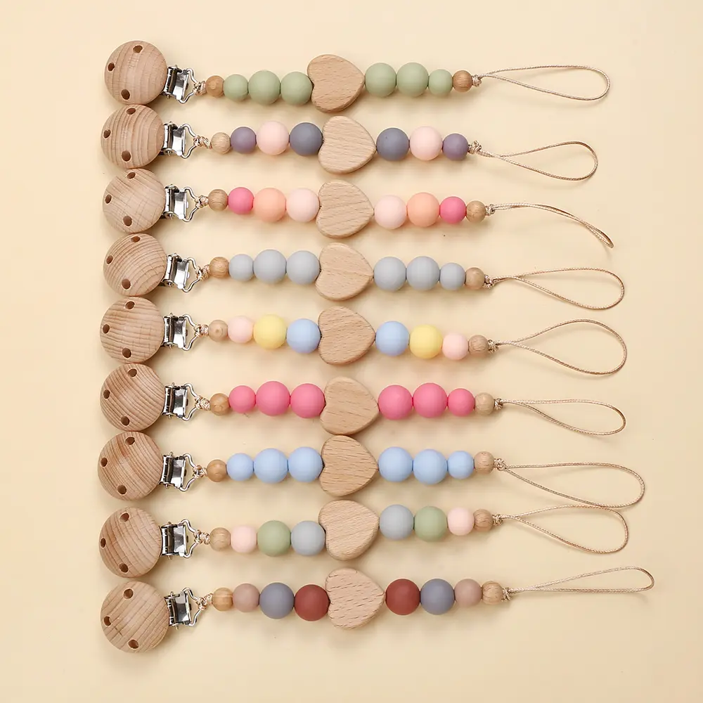 Wooden Beech Clip Heart Wood Beads Customization Baby Pacifier Chain Teether Pendant Dummy Nipple Holder Soother Chain
