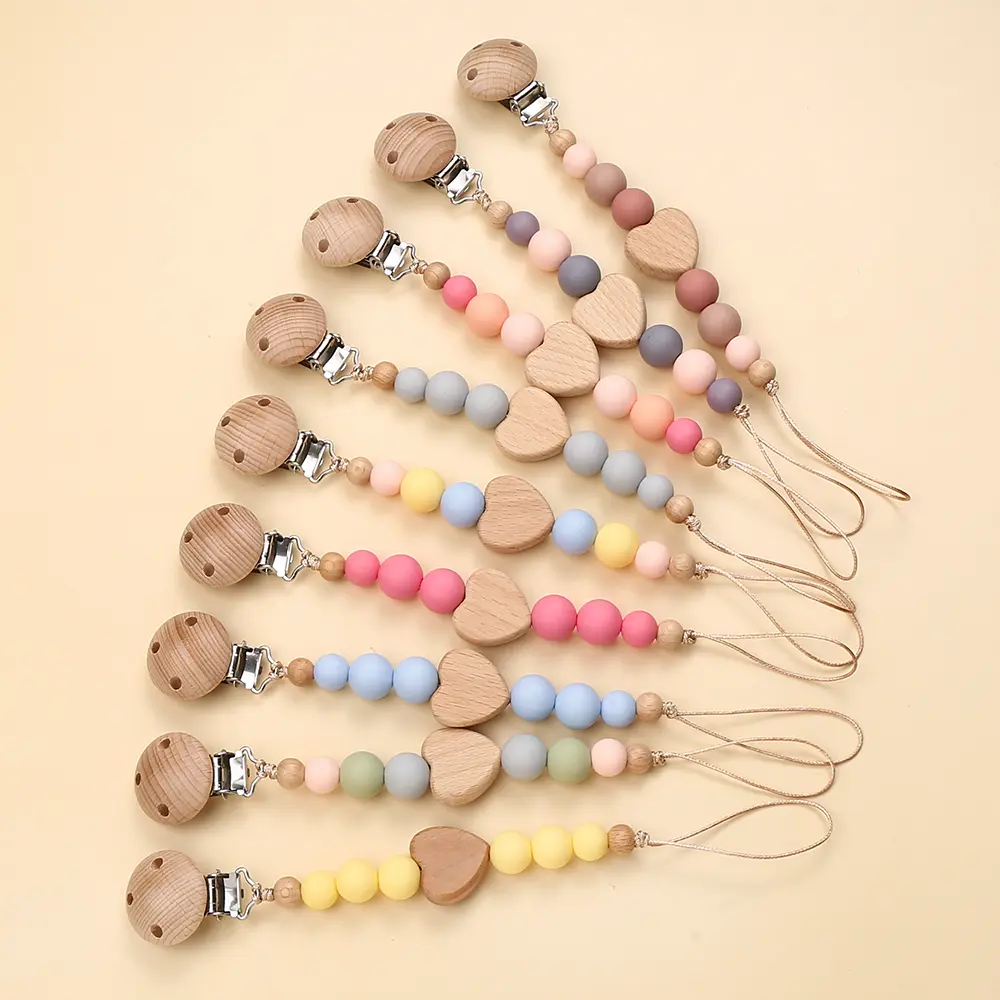 Wooden Beech Clip Heart Wood Beads Customization Baby Pacifier Chain Teether Pendant Dummy Nipple Holder Soother Chain