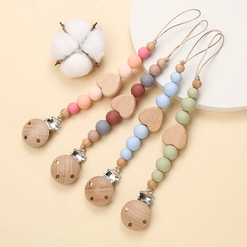 Wooden Beech Clip Heart Wood Beads Customization Baby Pacifier Chain Teether Pendant Dummy Nipple Holder Soother Chain