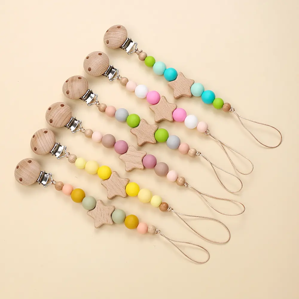 Wood Pacifier Clips Silicone Beads Wood Star Customization Dummy Chain Holder Newborn Soother Chains Nipple Infant Teething Gift