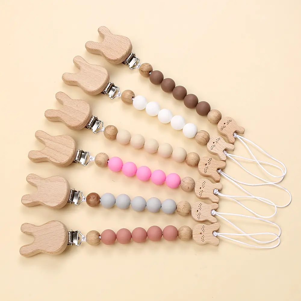 Wooden Rabbit Dummy Holder Clip Customization Name Baby Teether Nipple Chain Silicone Teething Care Kids Birthday Shower Gift