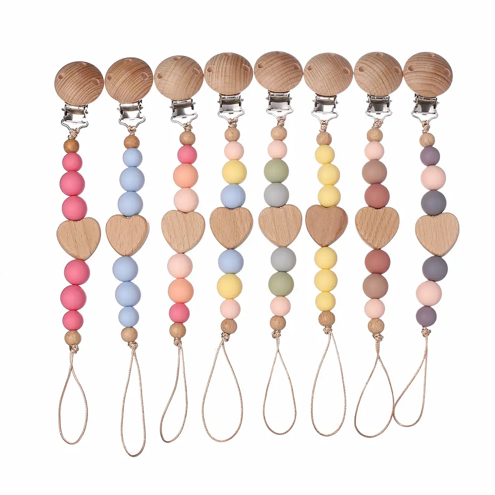 Wooden Beech Clip Heart Wood Beads Customization Baby Pacifier Chain Teether Pendant Dummy Nipple Holder Soother Chain