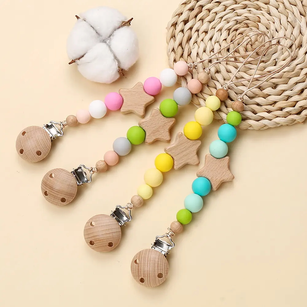 Wood Pacifier Clips Silicone Beads Wood Star Customization Dummy Chain Holder Newborn Soother Chains Nipple Infant Teething Gift