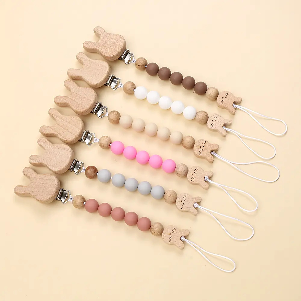 Wooden Rabbit Dummy Holder Clip Customization Name Baby Teether Nipple Chain Silicone Teething Care Kids Birthday Shower Gift