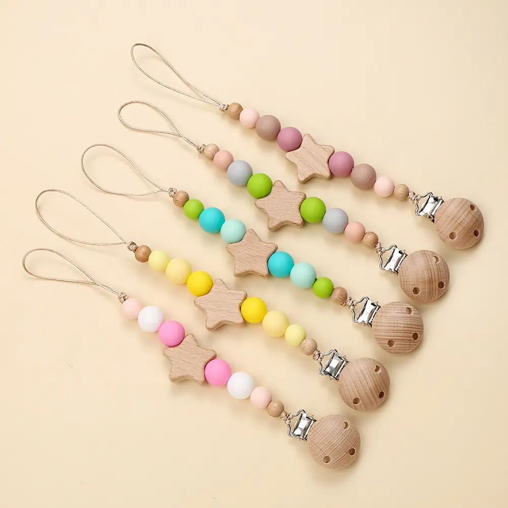 Wood Pacifier Clips Silicone Beads Wood Star Customization Dummy Chain Holder Newborn Soother Chains Nipple Infant Teething Gift