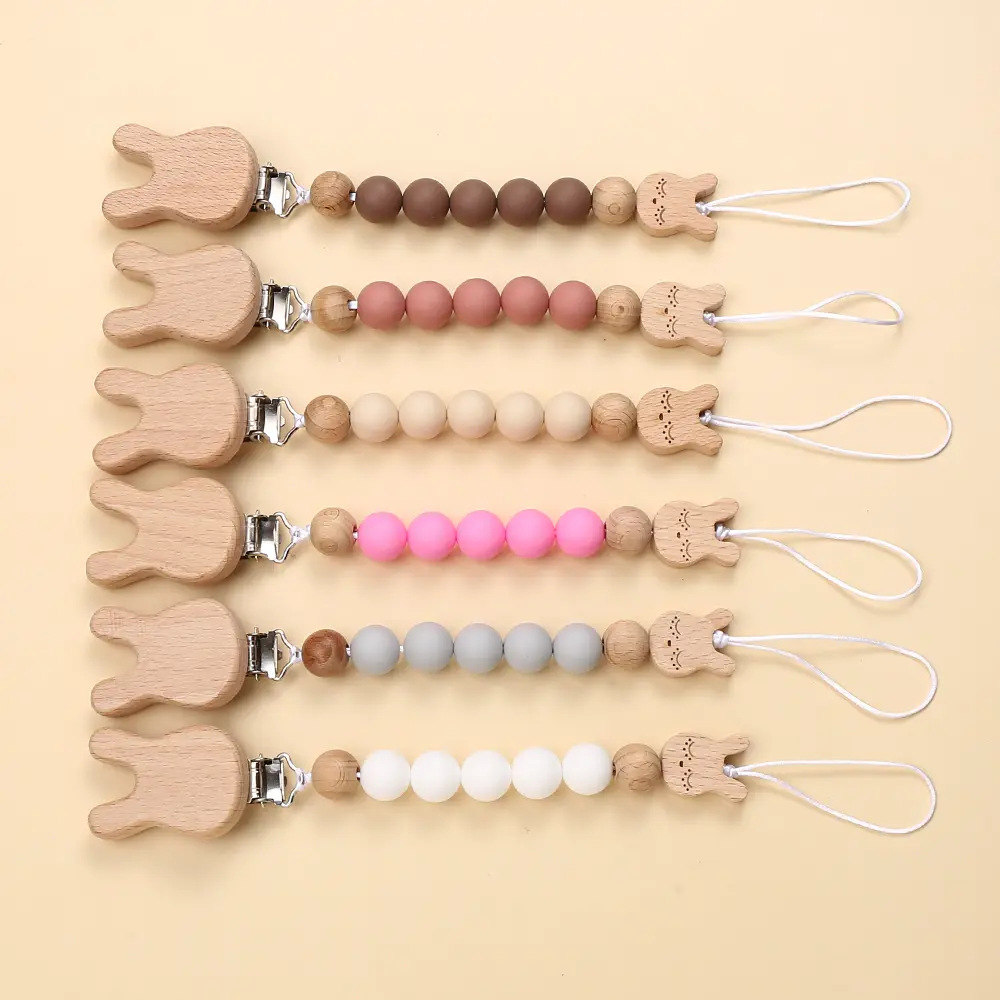 Wooden Rabbit Dummy Holder Clip Customization Name Baby Teether Nipple Chain Silicone Teething Care Kids Birthday Shower Gift