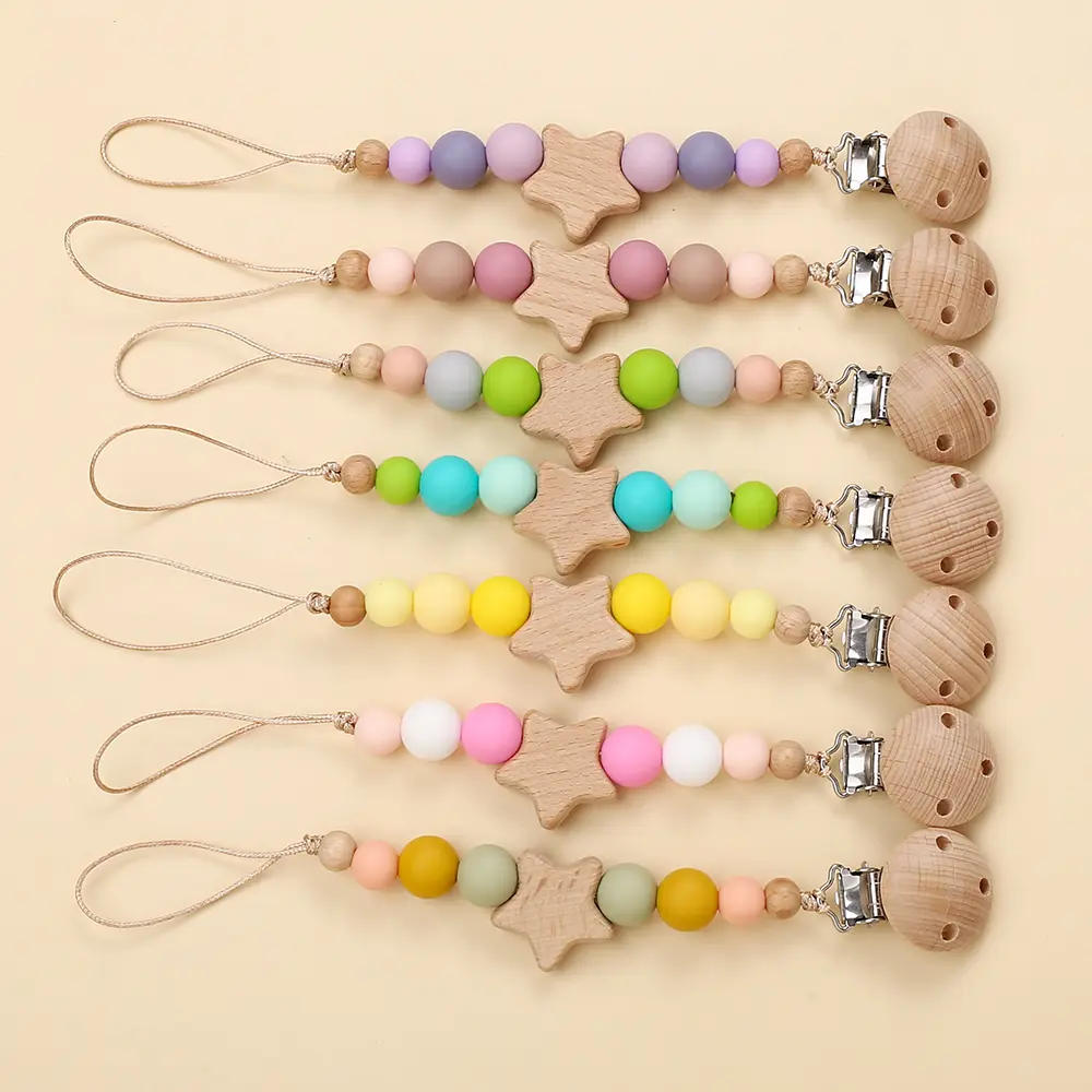 Wood Pacifier Clips Silicone Beads Wood Star Customization Dummy Chain Holder Newborn Soother Chains Nipple Infant Teething Gift