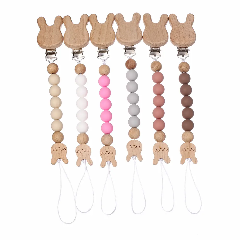 Wooden Rabbit Dummy Holder Clip Customization Name Baby Teether Nipple Chain Silicone Teething Care Kids Birthday Shower Gift