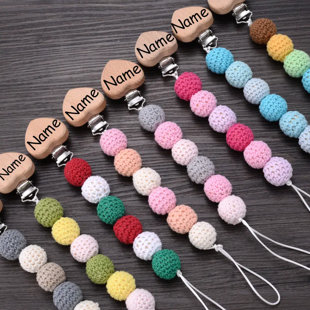 Customized Name Baby Pacifier Chain Handmade Personalized Wooden Clip Woolen Beads Holder Baby Teether Toys Baby Chew Gift