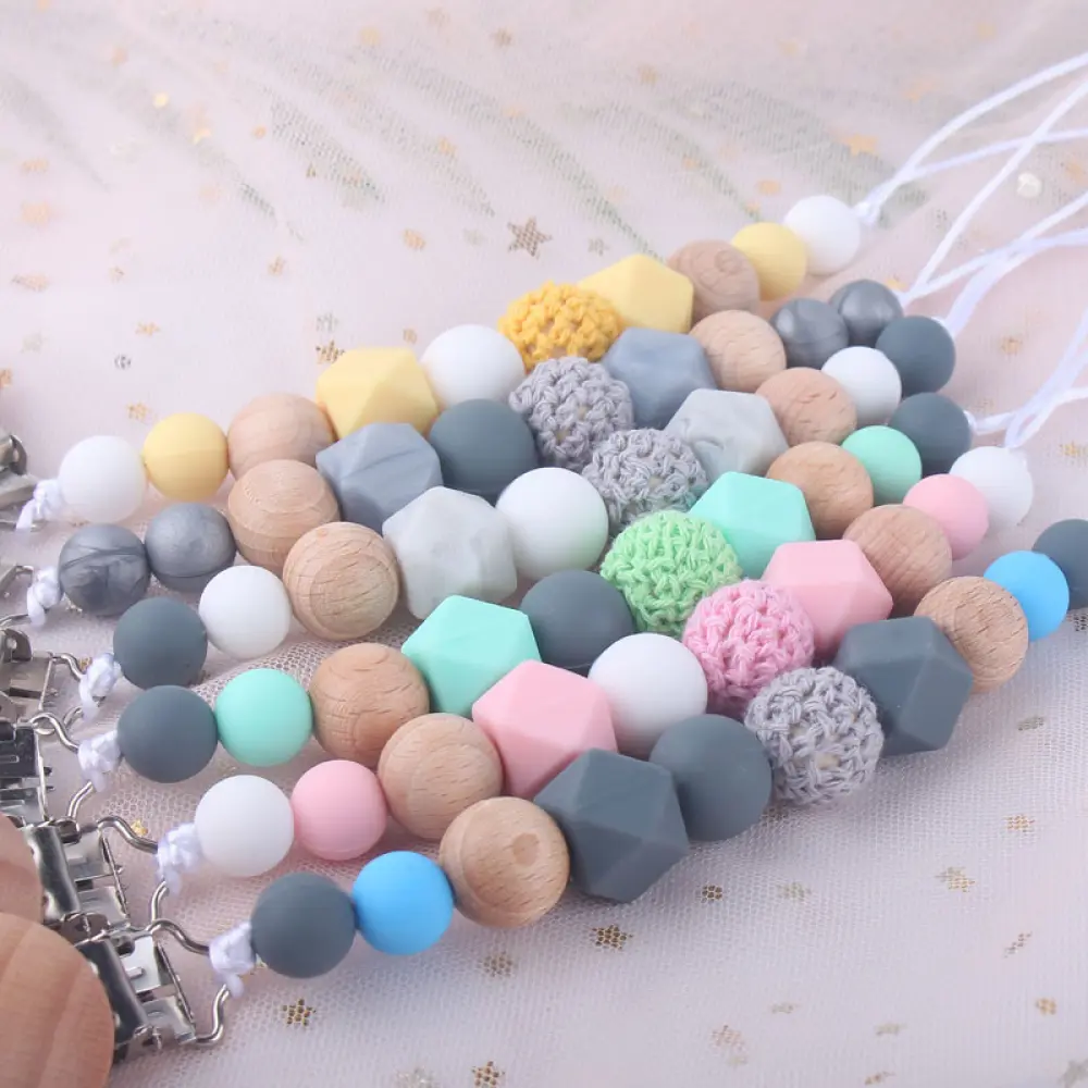 Customized Name Personalized Wooden Baby Pacifier Chain Clip Silicone Beads Dummy Nipple Holder Baby Teether Pendant Baby Gift