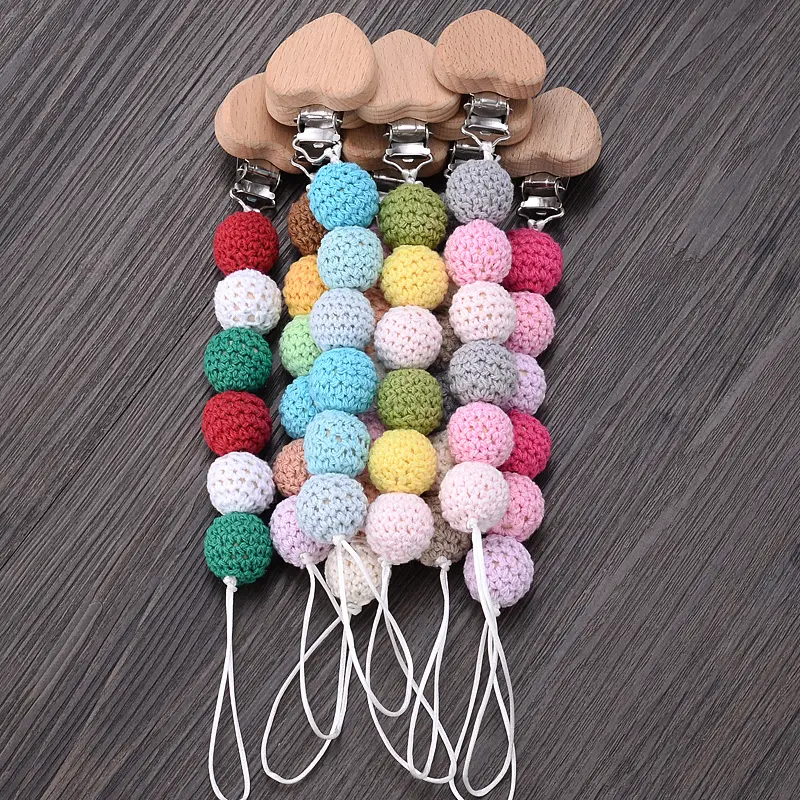 Customized Name Baby Pacifier Chain Handmade Personalized Wooden Clip Woolen Beads Holder Baby Teether Toys Baby Chew Gift