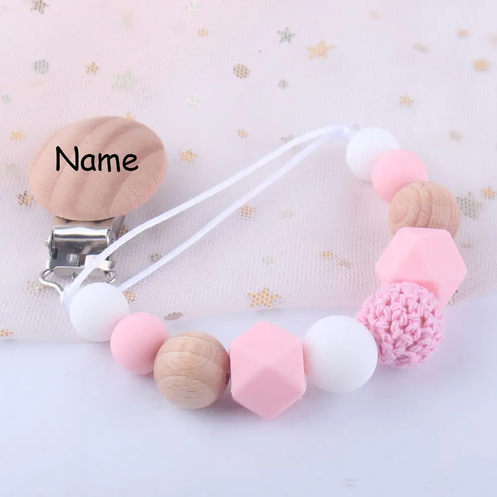 Customized Name Personalized Wooden Baby Pacifier Chain Clip Silicone Beads Dummy Nipple Holder Baby Teether Pendant Baby Gift