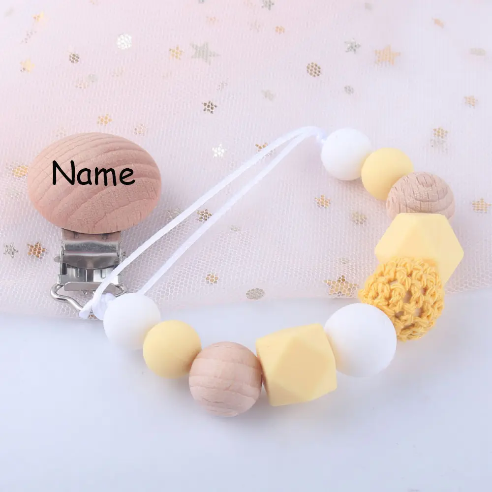 Customized Name Personalized Wooden Baby Pacifier Chain Clip Silicone Beads Dummy Nipple Holder Baby Teether Pendant Baby Gift