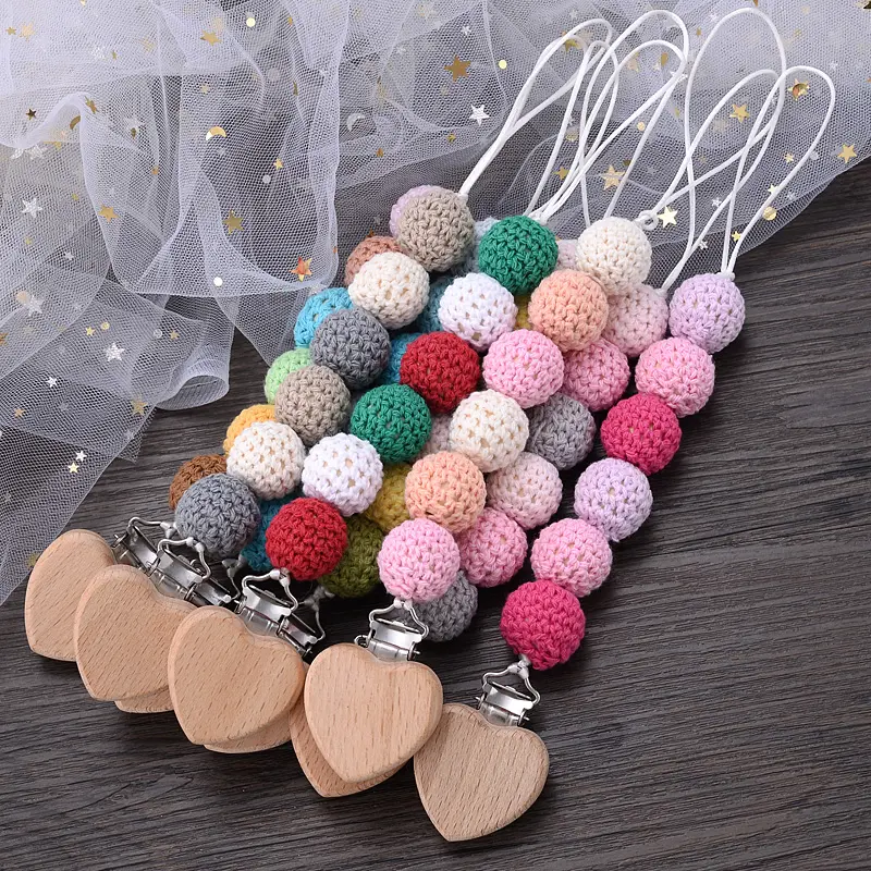 Customized Name Baby Pacifier Chain Handmade Personalized Wooden Clip Woolen Beads Holder Baby Teether Toys Baby Chew Gift
