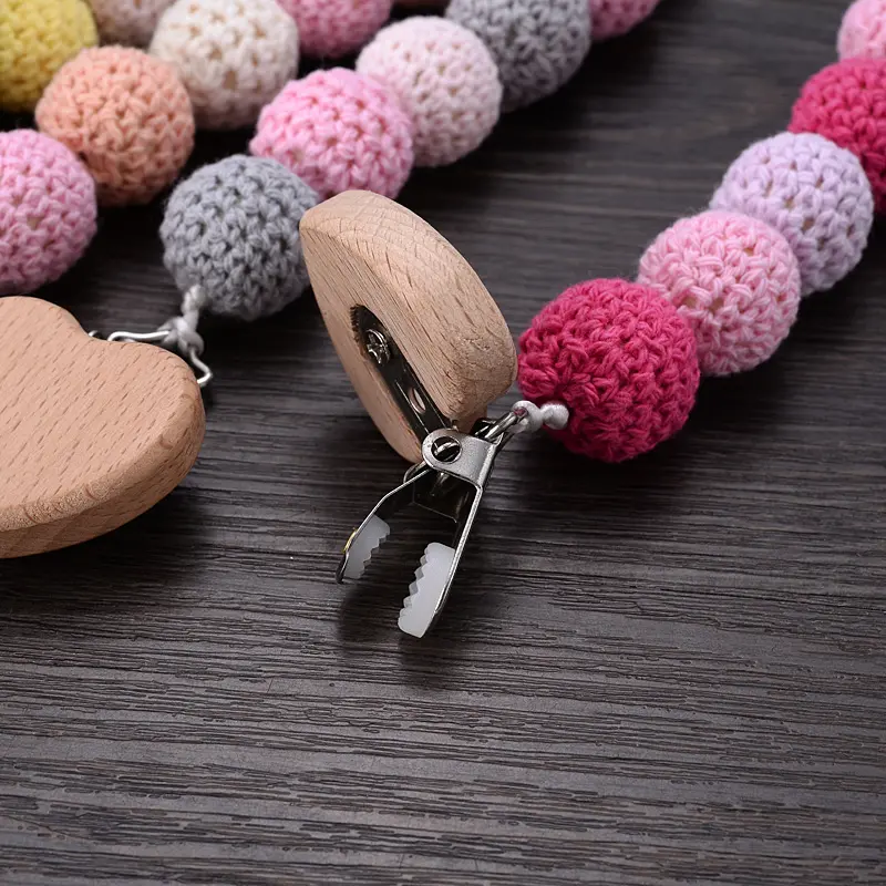 Customized Name Baby Pacifier Chain Handmade Personalized Wooden Clip Woolen Beads Holder Baby Teether Toys Baby Chew Gift