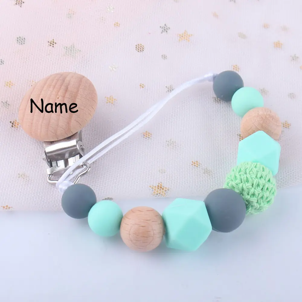 Customized Name Personalized Wooden Baby Pacifier Chain Clip Silicone Beads Dummy Nipple Holder Baby Teether Pendant Baby Gift