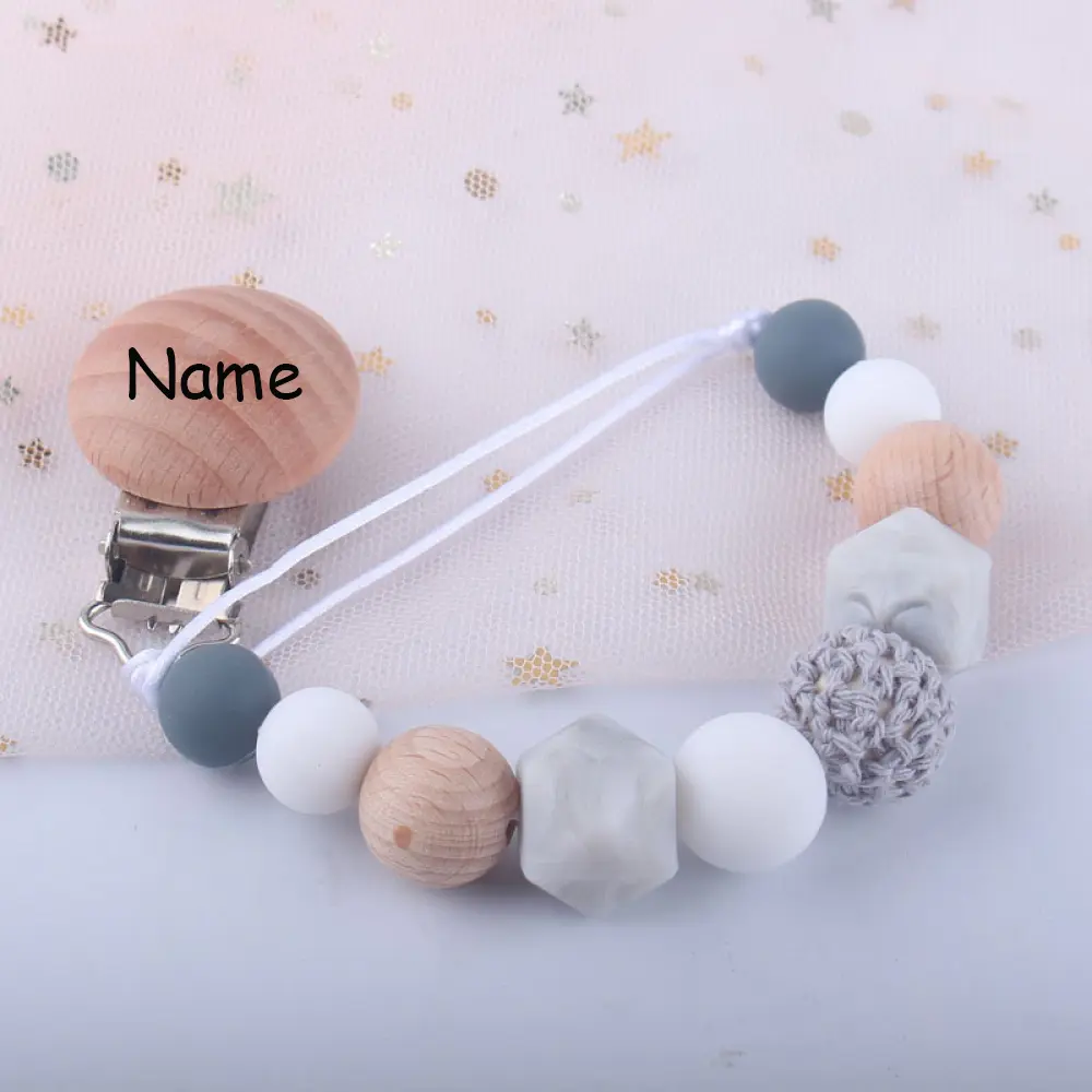 Customized Name Personalized Wooden Baby Pacifier Chain Clip Silicone Beads Dummy Nipple Holder Baby Teether Pendant Baby Gift
