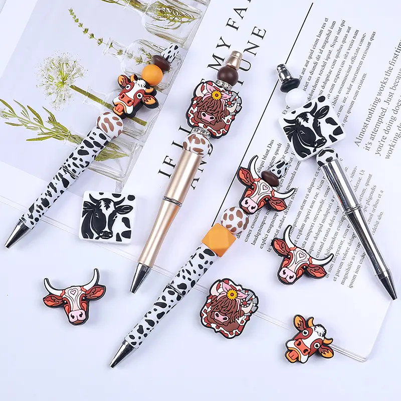 10Pcs Food Grade Silicone Teether Beads Cartoon Cow Head Chew Beads For Jewelry Making DIY Baby Keychain Bracelet Pacifier Chain