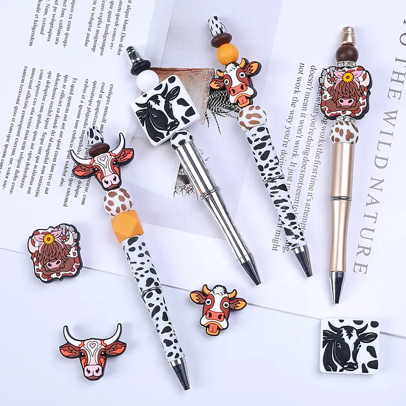 10Pcs Food Grade Silicone Teether Beads Cartoon Cow Head Chew Beads For Jewelry Making DIY Baby Keychain Bracelet Pacifier Chain