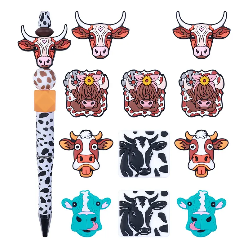 10Pcs Food Grade Silicone Teether Beads Cartoon Cow Head Chew Beads For Jewelry Making DIY Baby Keychain Bracelet Pacifier Chain