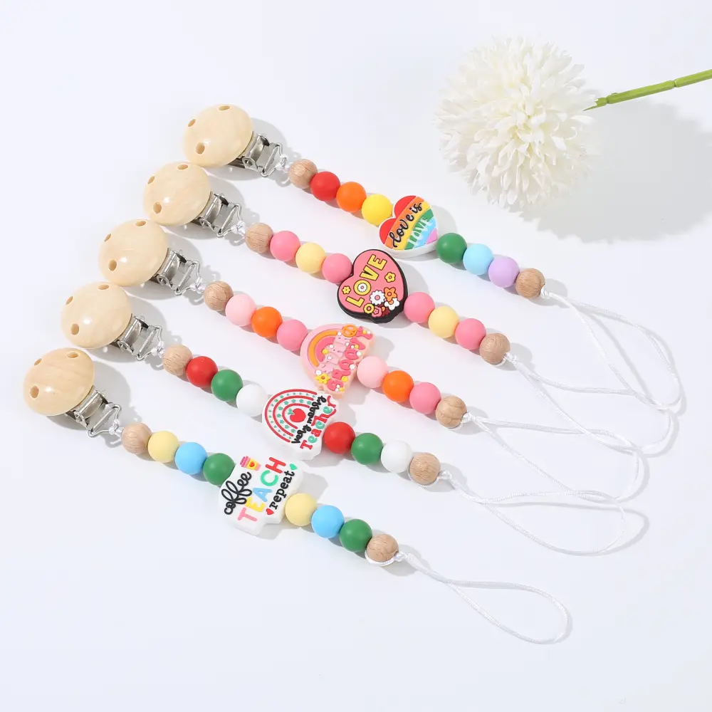 Wooden Round Baby Pacifier Clips Colorful Silicone Heart Beaded For Baby Soothe Nipple Chain Supplies Nursing Teether Chew Toys