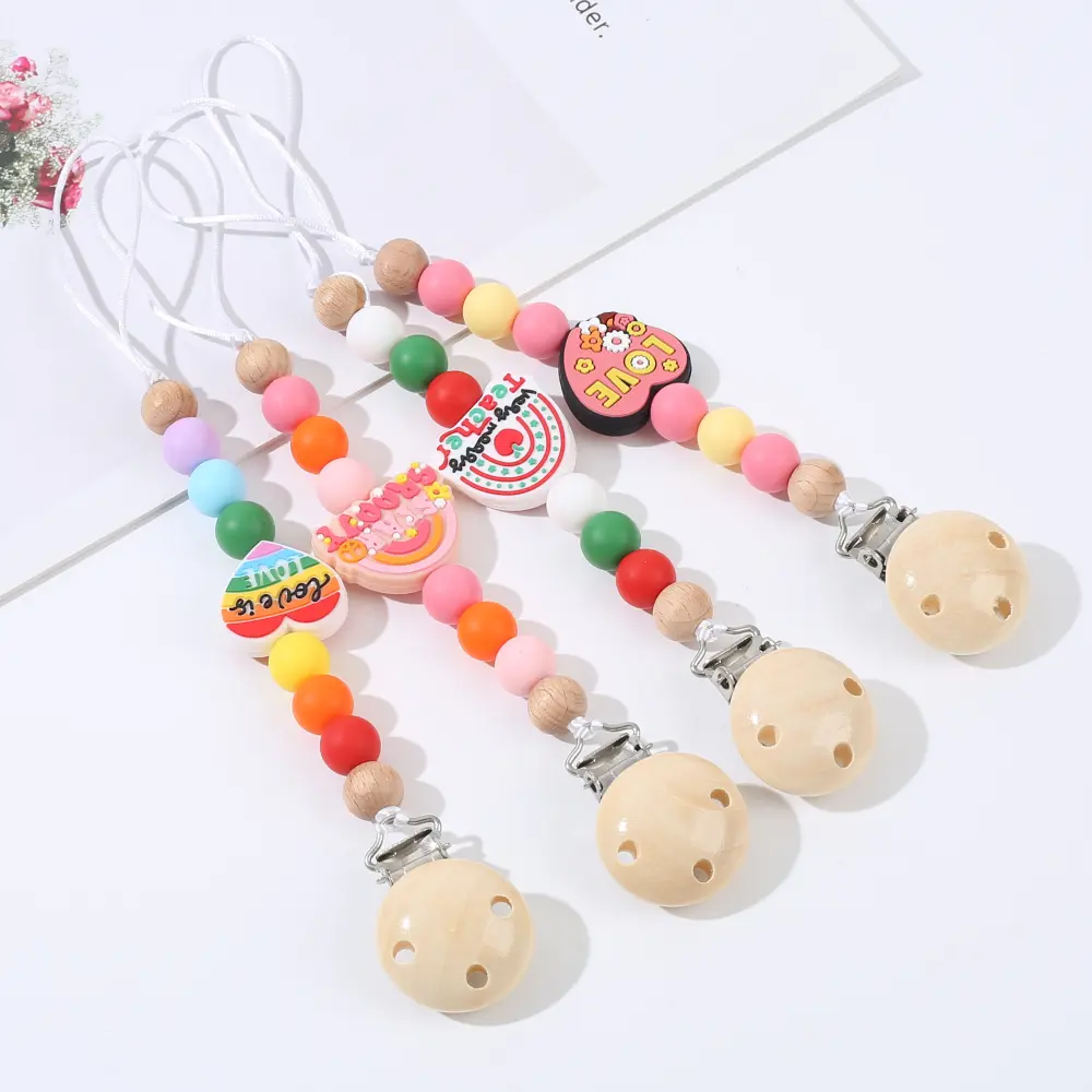 Wooden Round Baby Pacifier Clips Colorful Silicone Heart Beaded For Baby Soothe Nipple Chain Supplies Nursing Teether Chew Toys