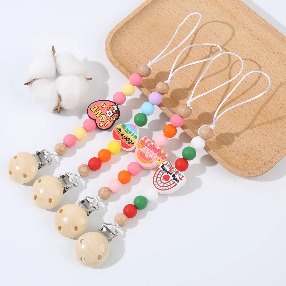 Wooden Round Baby Pacifier Clips Colorful Silicone Heart Beaded For Baby Soothe Nipple Chain Supplies Nursing Teether Chew Toys