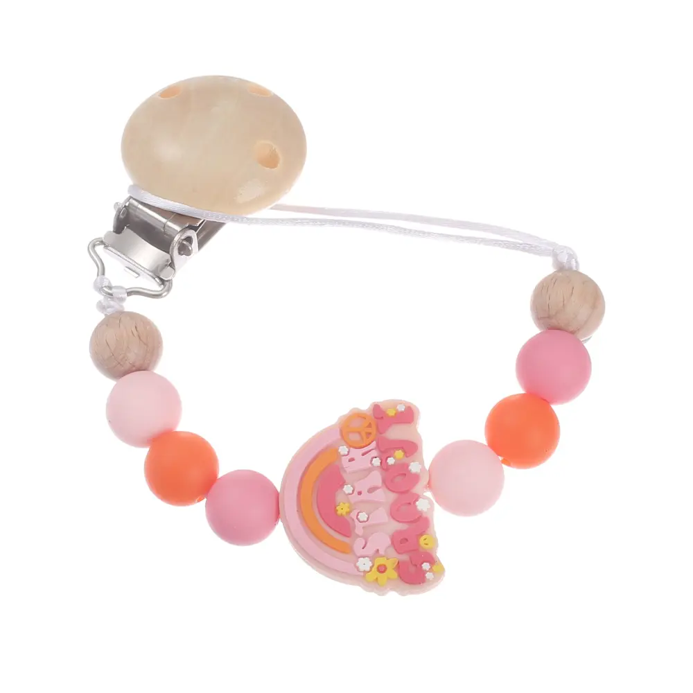 Wooden Round Baby Pacifier Clips Colorful Silicone Heart Beaded For Baby Soothe Nipple Chain Supplies Nursing Teether Chew Toys