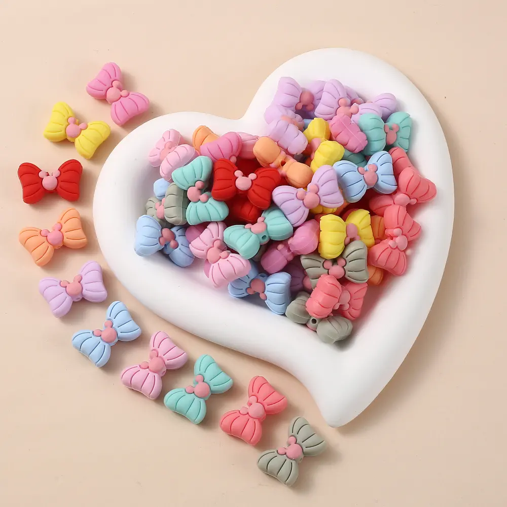 10Pcs Food Grade Silicone Chew Beads 18x27mm Cartoon Bow Loose Spacer Teether Beads DIY Care Necklace Bracelet Jewelry Accessory