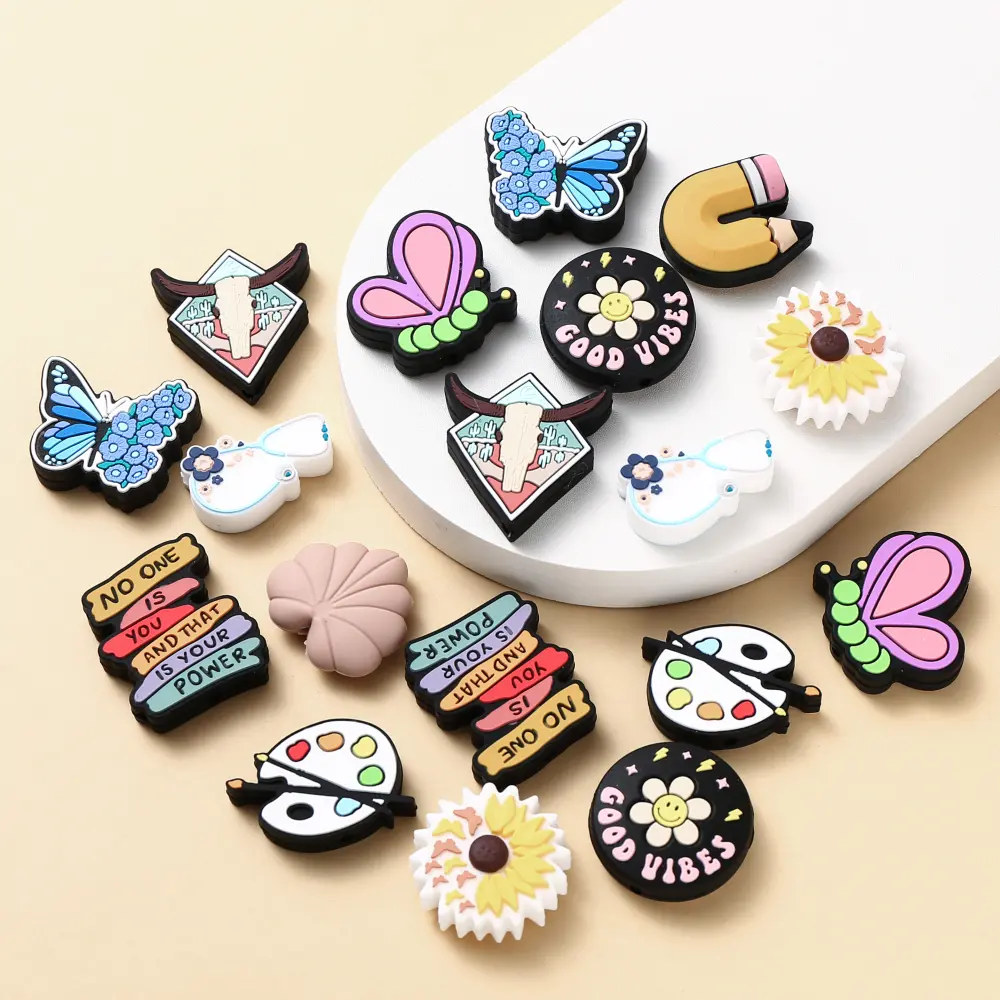 10Pcs Cartoon Animal Silicone Beads Flower Butterfly Teether Chew Beads For Jewelry Making DIY Baby Pacifier Chain Plastic Pen