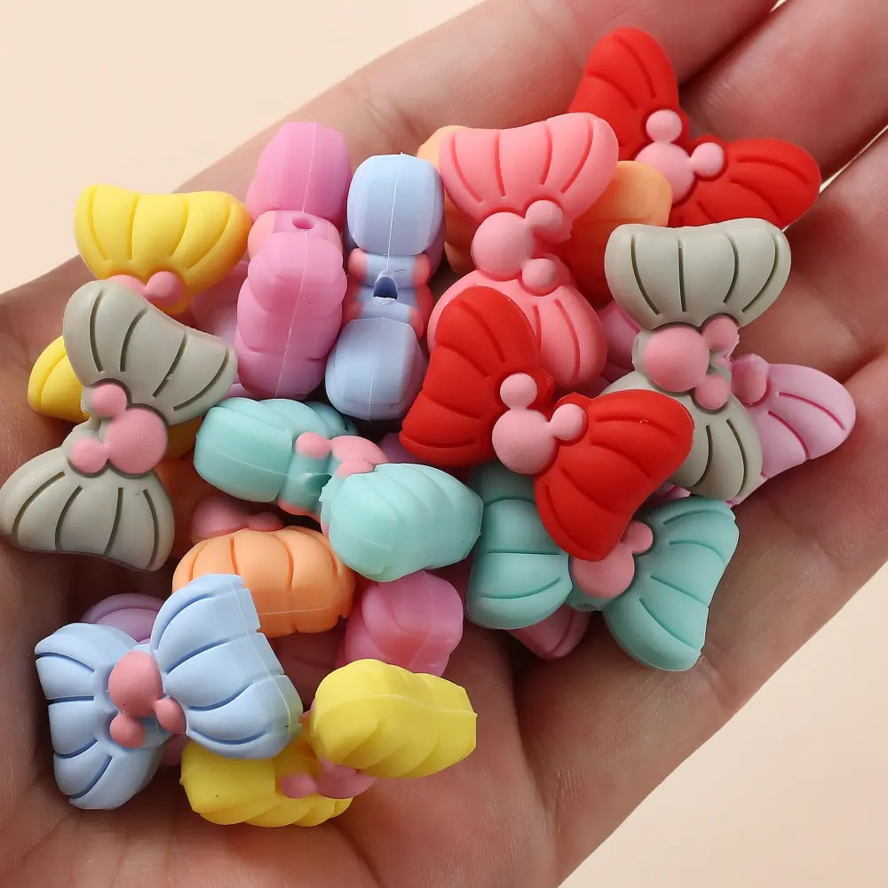 10Pcs Food Grade Silicone Chew Beads 18x27mm Cartoon Bow Loose Spacer Teether Beads DIY Care Necklace Bracelet Jewelry Accessory