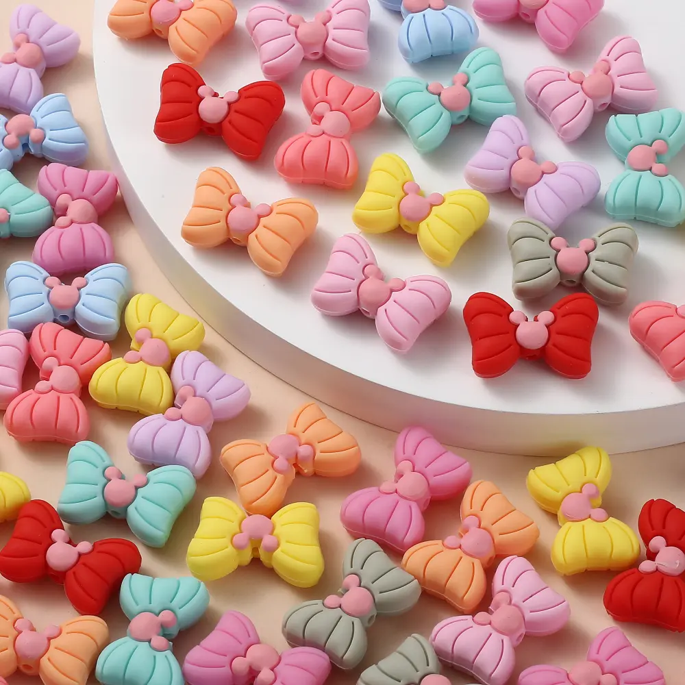 10Pcs Food Grade Silicone Chew Beads 18x27mm Cartoon Bow Loose Spacer Teether Beads DIY Care Necklace Bracelet Jewelry Accessory